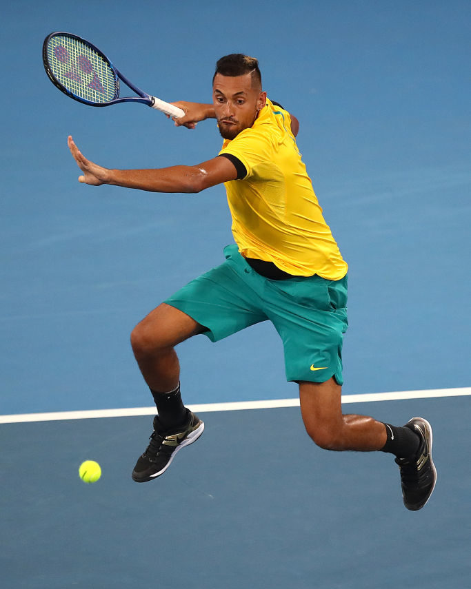 BRISBANE, AUSTRALIA - JANUARY 03: Nick Kyrgios of Australia plays a shot against Jan-Lennard Struff of Germany during day one of the 2020 ATP Cup Group Stage at Pat Rafter Arena on January 03, 2020 in Brisbane, Australia. (Photo by Jono Searle/Getty Images)