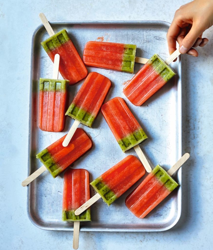 several watermelon icy treats on a tray