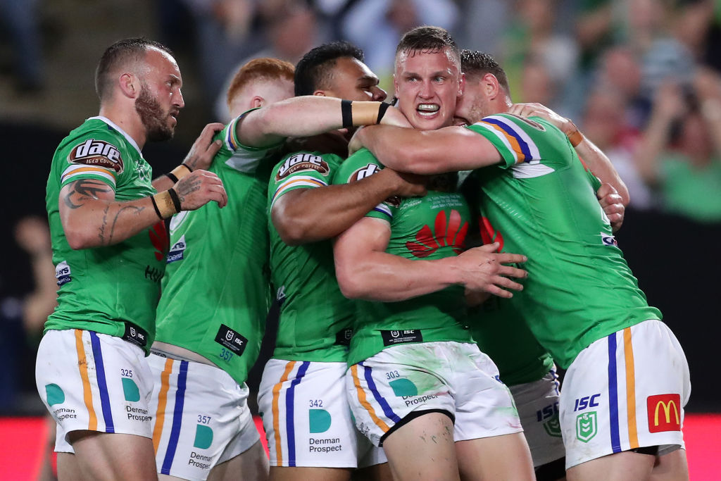 SYDNEY, AUSTRALIA - OCTOBER 06:  Jack Wighton of the Raiders celebrates scoring a try during the 2019 NRL Grand Final match between the Canberra Raiders and the Sydney Roosters at ANZ Stadium on October 06, 2019 in Sydney, Australia. (Photo by Matt King/Getty Images)