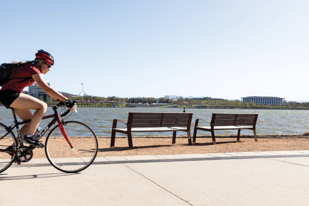 wellbeing framework - woman riding a bike near the lake