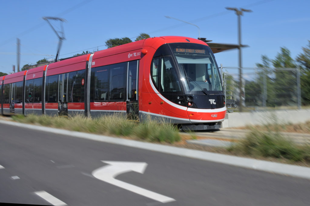 Canberra, Australia - March 01, 2019: Light rail in Canberra Australia Capital Territory.The Canberra light rail network is an under-construction light rail system to serve the city of Canberra, Australia.