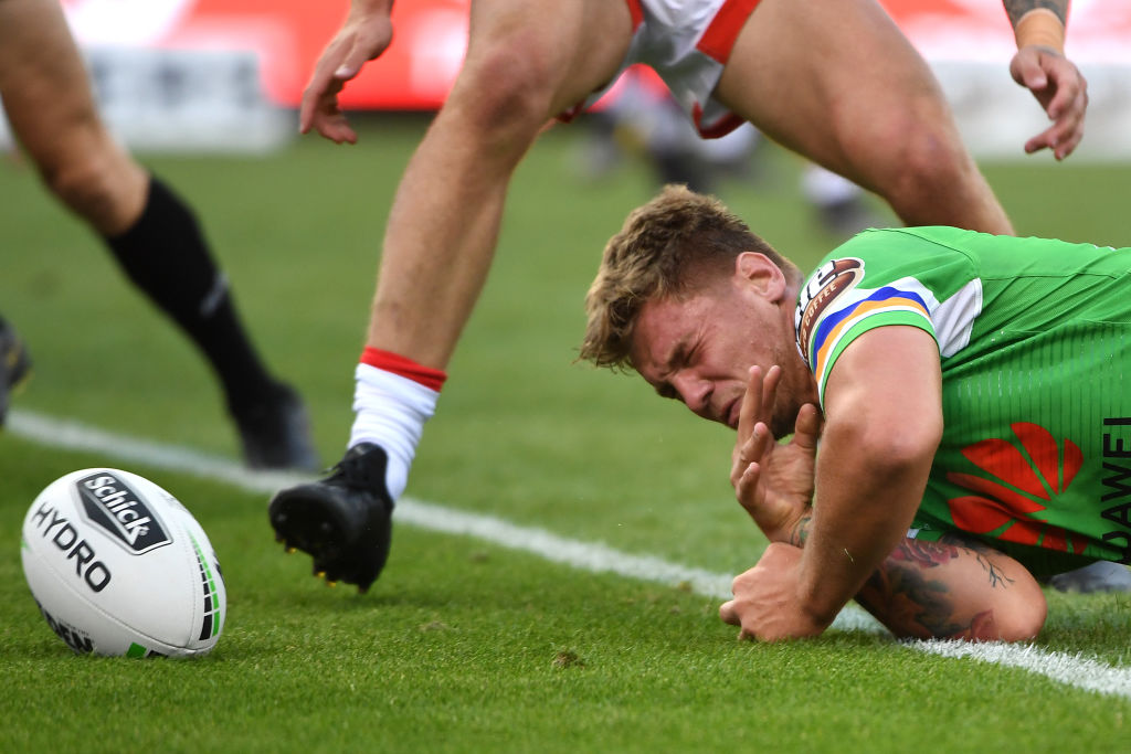 CANBERRA, AUSTRALIA - MARCH 29:  Ryan Sutton of the Raiders drops the ball over the tryline during the round three NRL match between the Canberra Raiders and the Newcastle Knights at GIO Stadium on March 29, 2019 in Canberra, Australia. (Photo by Tracey Nearmy/Getty Images)