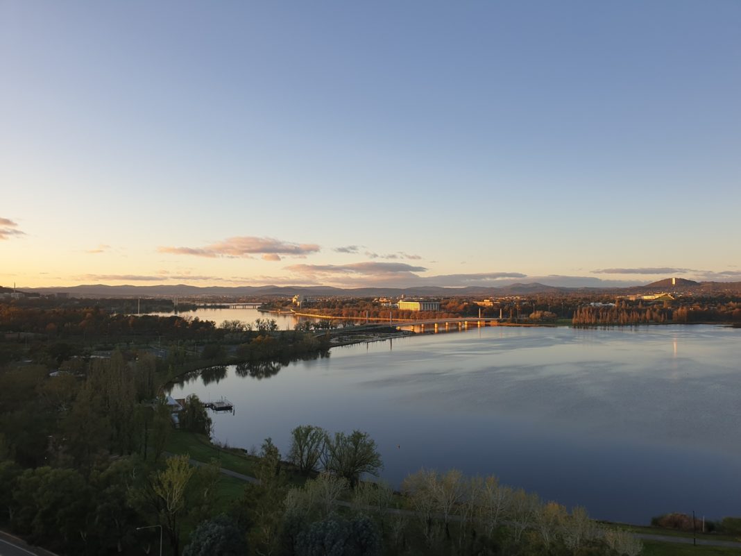 elevated photo of Lake Burley Griffin West Basin in the evening.