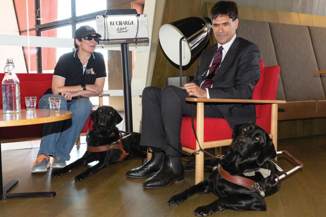man sitting with his guide dog