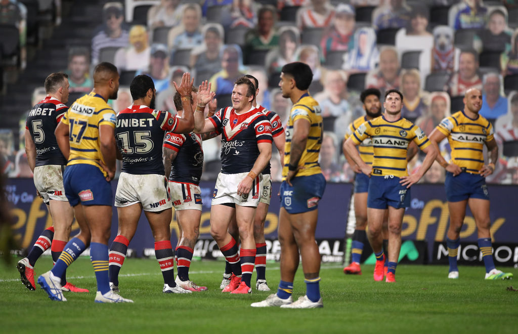 Sydney Roosters Rugby League players celebrating a try