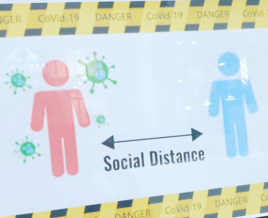 covid-19 social distance sign in shop window