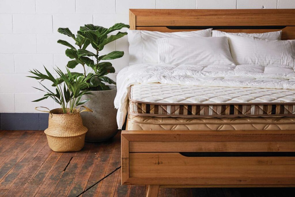 bed with a plant next to it