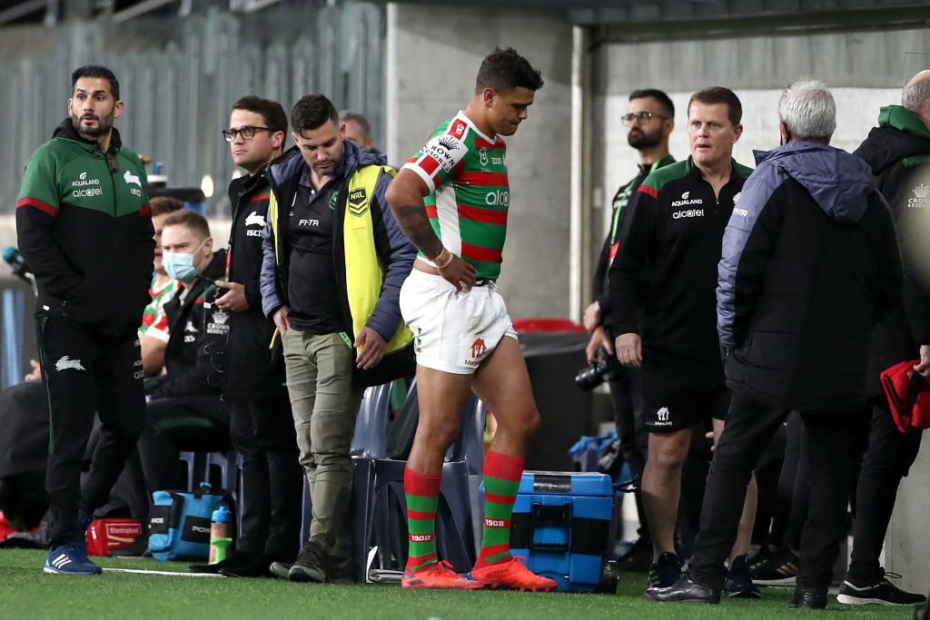 Latrell Mitchell of the Rabbitohs walks off the field after an injury during the round 16 NRL match