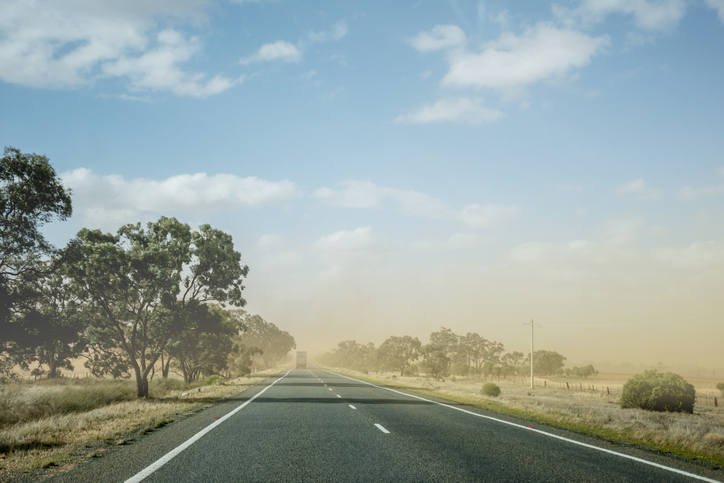 A dust storm on the road near Mildura, Australia