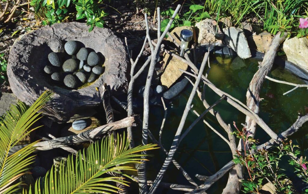 a small pond with bowl of rocks