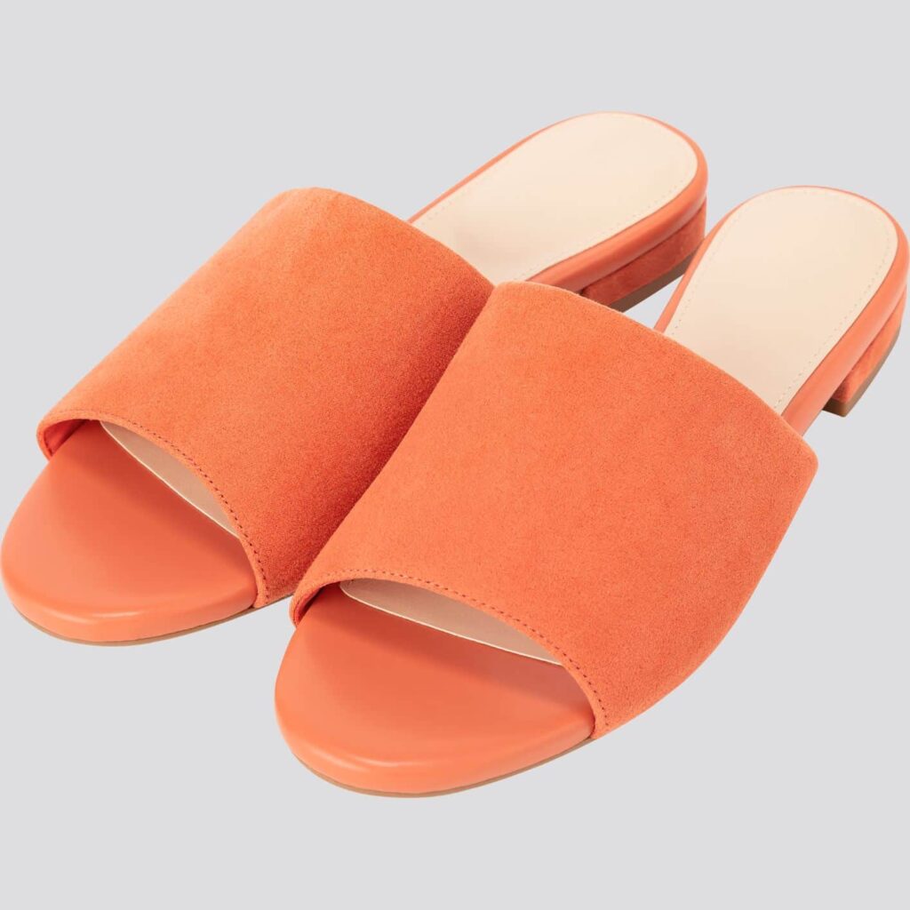 Orange open toe flat mules 