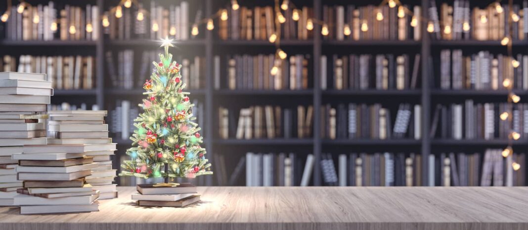 small christmas tree next to some books