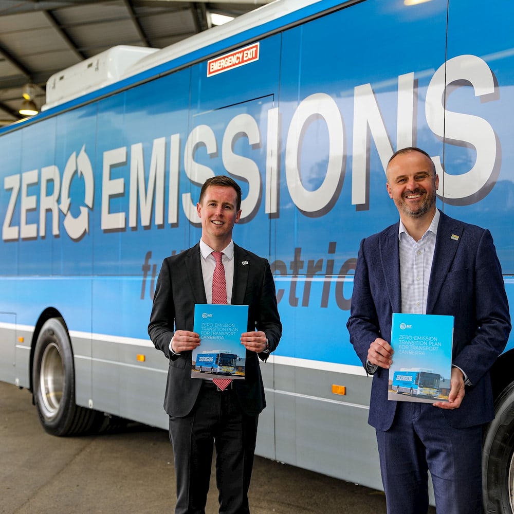Minister for Transport and City Services Chris Steel (left) said the ACT Government intends to replace every diesel and compressed natural gas bus in Transport Canberra’s fleet with zero-emission buses by 2024. Photo: Facebook.