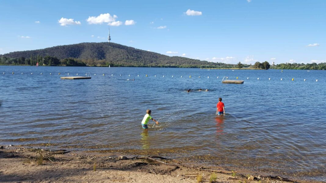 A few kids swimming in Lake Burley Griffin on a sunny day with Black Mountain Tower in the background