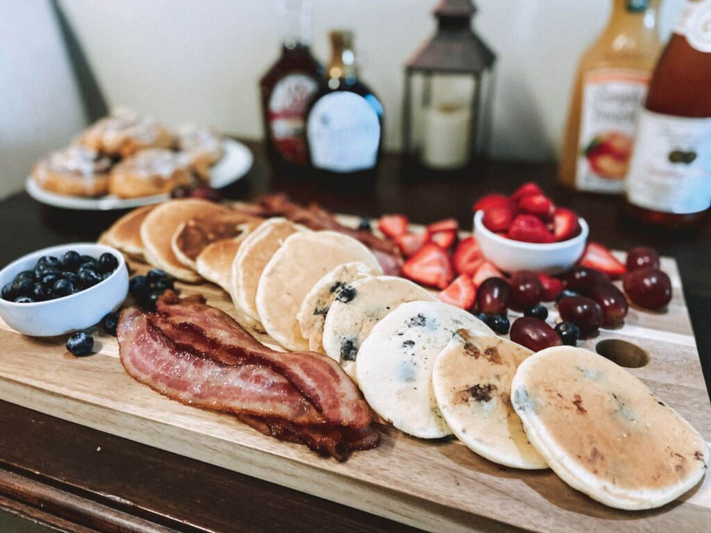 breakfast board with bacon and pancakes