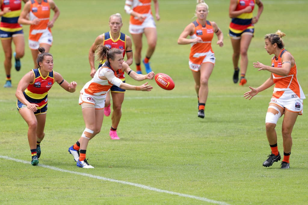 ADELAIDE, AUSTRALIA - JANUARY 17: Players compete for the ball during the AFLW pre-season match between the Adelaide Crows and the GWS Giants at Norwood Oval on January 17, 2021 in Adelaide, Australia. (Photo by Daniel Kalisz/Getty Images)