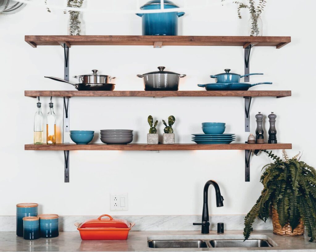 shelves with pots and pans