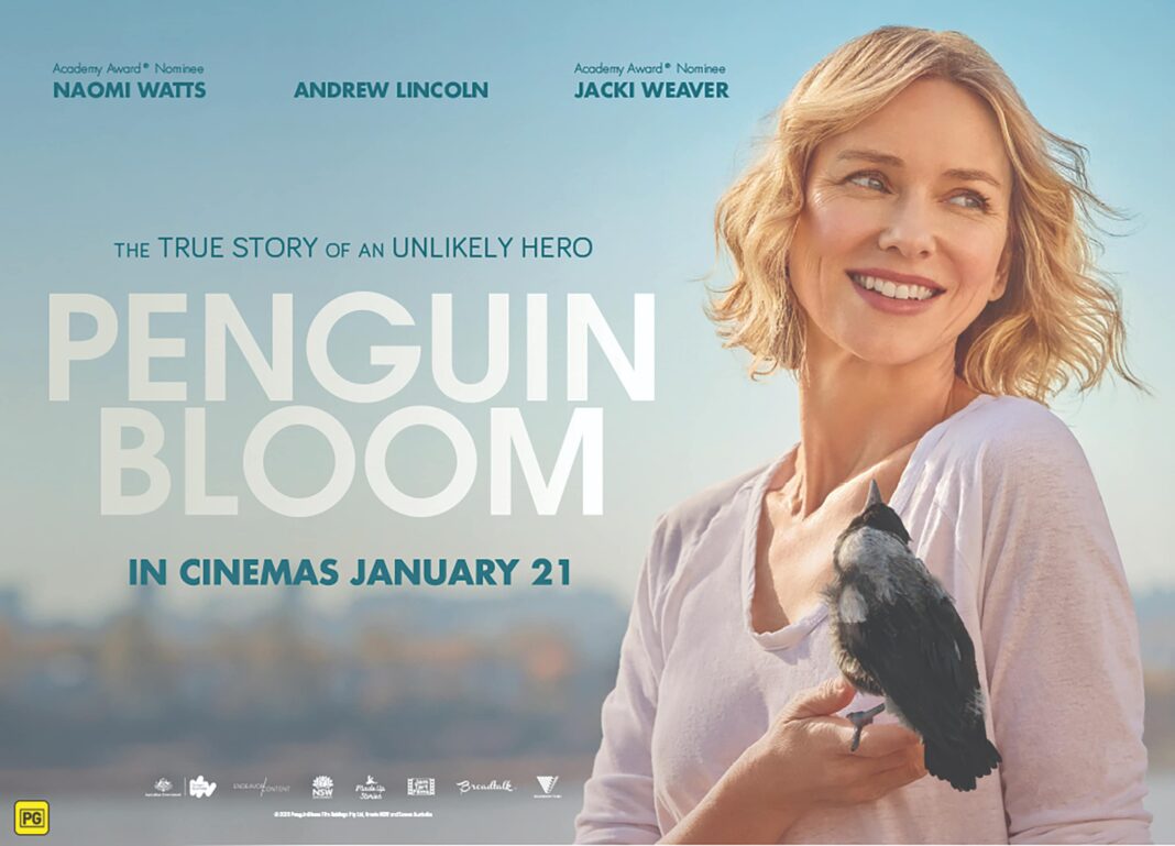 film poster for 'Penguin Bloom' of beautiful blond Australian actress Naomi Watts holding magpie
