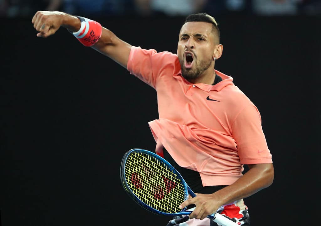 MELBOURNE, AUSTRALIA - JANUARY 27: Nick Kyrgios of Australia celebrates during his Men's Singles fourth round match against Rafael Nadal of Spain on day eight of the 2020 Australian Open at Melbourne Park on January 27, 2020 in Melbourne, Australia. (Photo by Kelly Defina/Getty Images)