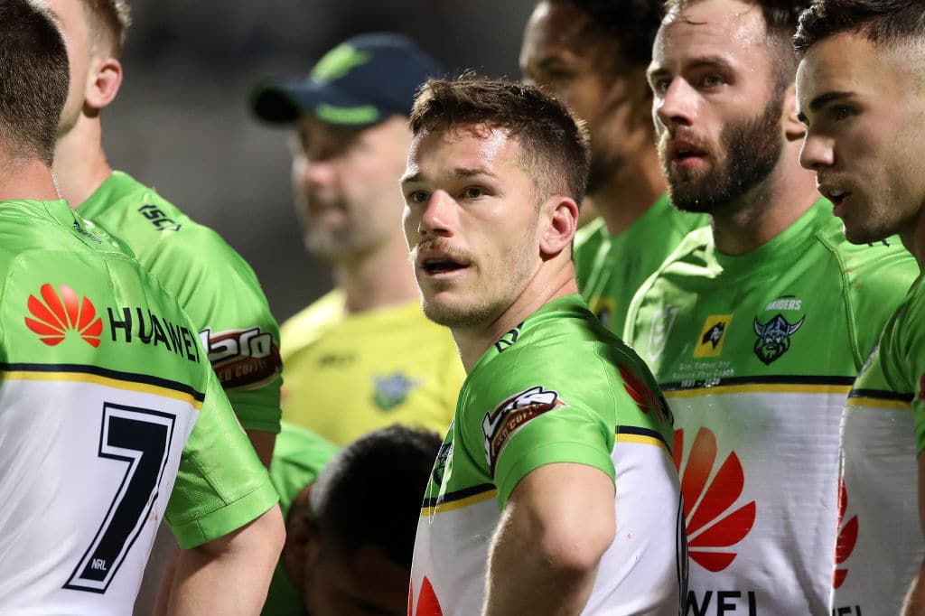 SYDNEY, AUSTRALIA - SEPTEMBER 26: Tom Starling of the Raiders looks on after a Sharks try during the round 20 NRL match between the Cronulla Sharks and the Canberra Raiders at Netstrata Jubilee Stadium on September 26, 2020 in Sydney, Australia. (Photo by Mark Kolbe/Getty Images)