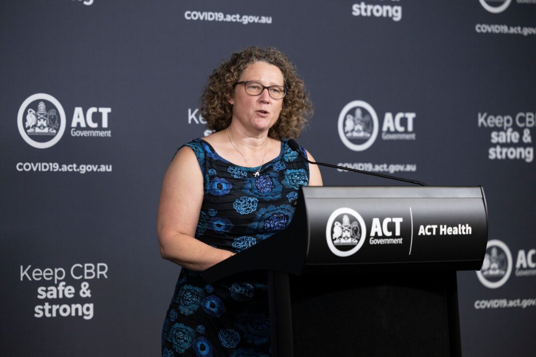 ACT Chief Health Officer Kerryn Coleman at a lectern as she announces new ACT travel restrictions