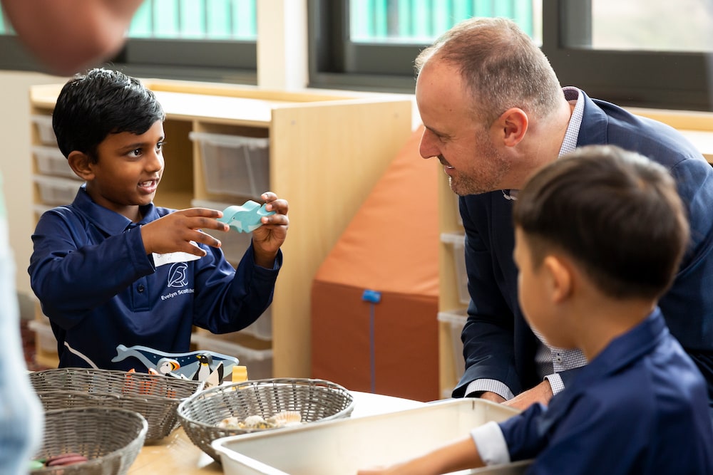 Chief Minister Andrew Barr with students at the Evelyn Scott School. Picture: Kerrie Brewer