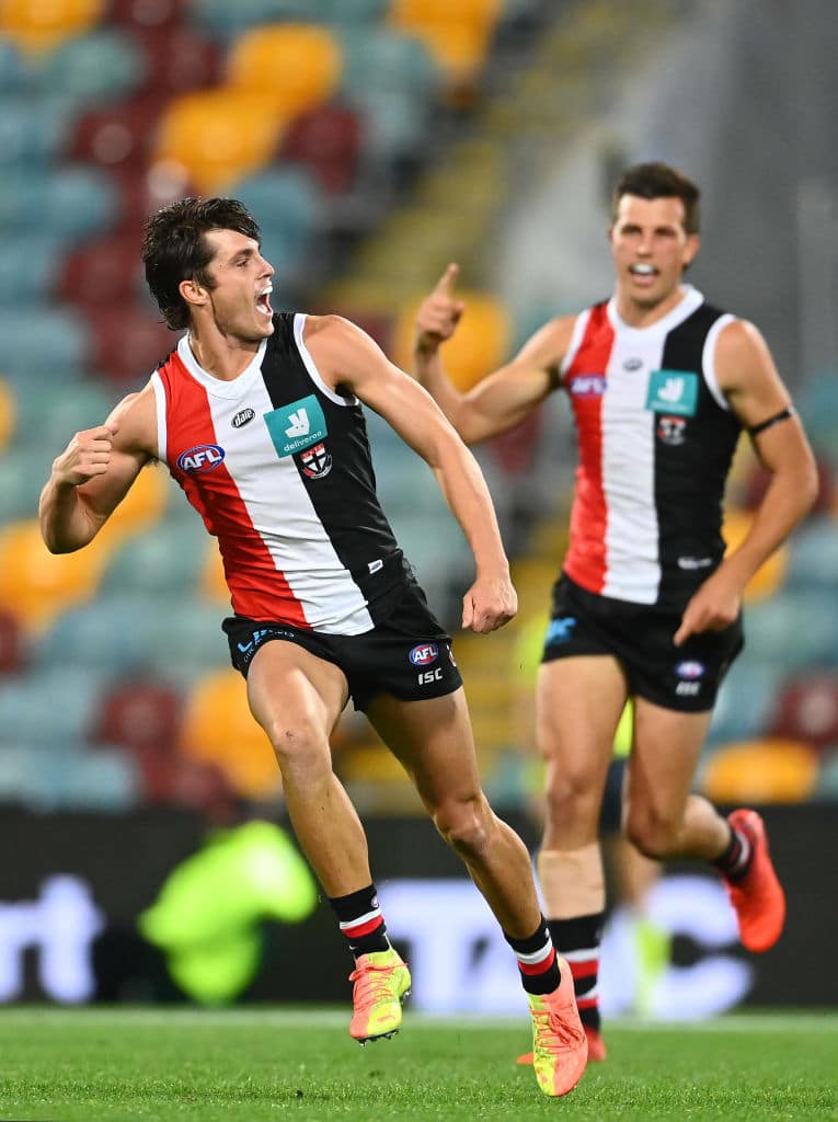 BRISBANE, AUSTRALIA - SEPTEMBER 18: Jack Steele of the Saints celebrates after scoring a goal during the round 18 AFL match between the St Kilda Saints and the Greater Western Sydney Giants at The Gabba on September 18, 2020 in Brisbane, Australia. (Photo by Quinn Rooney/Getty Images)