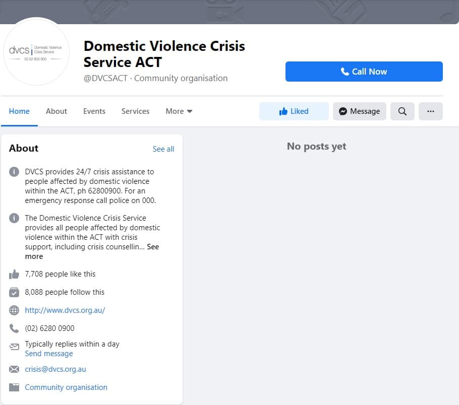 screen grab of Domestic Violence Crisis Service Facebook page blocked by Facebook