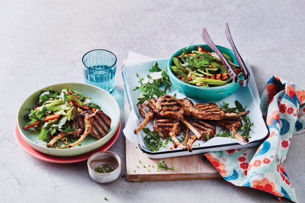 Miso lamb cutlets with rocket and pear salad