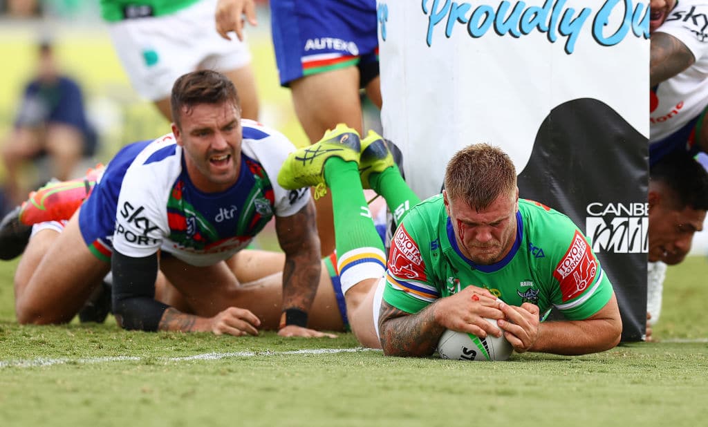 CANBERRA, AUSTRALIA - MARCH 27: Ryan Sutton of the Raiders celebrates scores a try during the round three NRL match between the Canberra Raiders and the Warriors at GIO Stadium on March 27, 2021, in Canberra, Australia. (Photo by Mark Nolan/Getty Images)