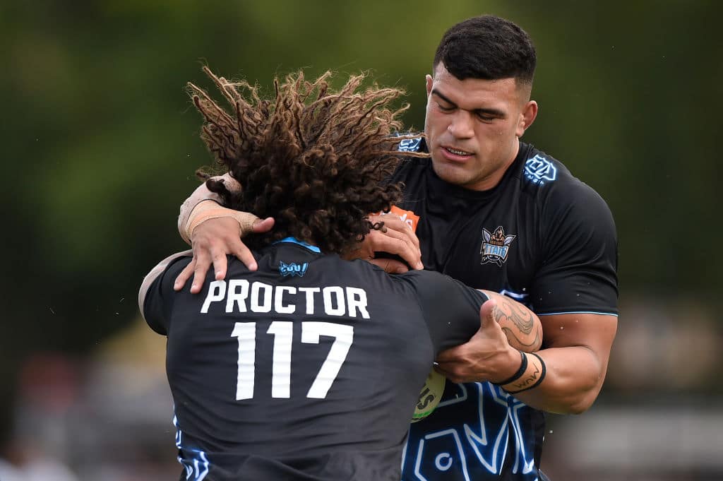 LISMORE, AUSTRALIA - FEBRUARY 27: David Fifita and Kevin Proctor of the Titans warm up prior to the NRL Trial Match between the Gold Coast Titans and the New Zealand Warriors at Oaks Oval on February 27, 2021 in Lismore, Australia. (Photo by Matt Roberts/Getty Images)