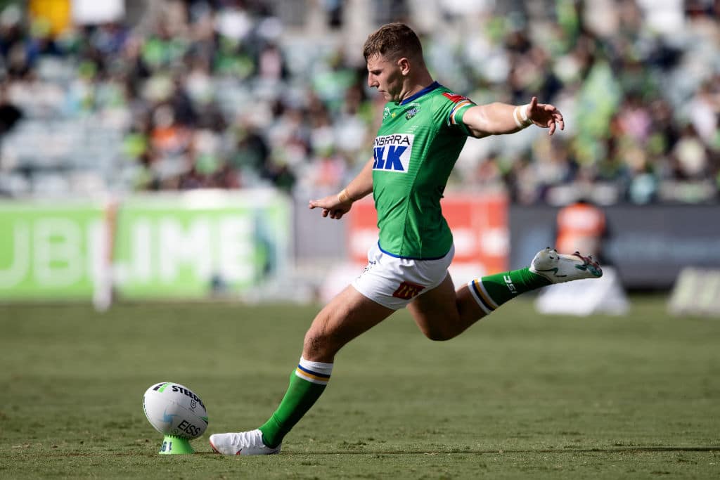 CANBERRA, AUSTRALIA - MARCH 14: George Williams of the Raiders converts a try during the round 1 NRL match between the Canberra Raiders and Wests Tigers at GIO Stadium on March 14, 2021 in Canberra, Australia. (Photo by Speed Media/Icon Sportswire via Getty Images)