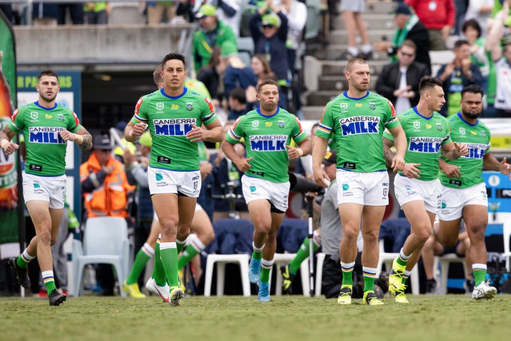 CANBERRA, AUSTRALIA - MARCH 14: Raiders players enter the field of play during the round 1 NRL match between the Canberra Raiders and Wests Tigers at GIO Stadium on March 14, 2021 in Canberra, Australia. (Photo by Speed Media/Icon Sportswire via Getty Images)