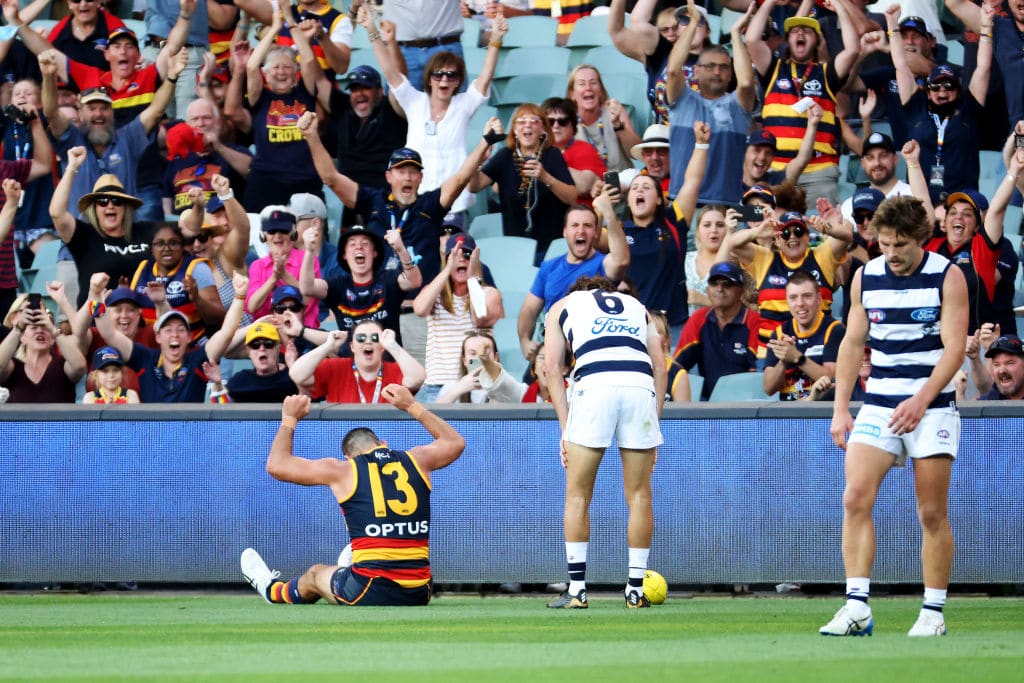 ADELAIDE, AUSTRALIA - MARCH 20: Taylor Walker of the Crows celebrates their win during the 2021 AFL Round 01 match between the Adelaide Crows and the Geelong Cats at Adelaide Oval on March 20, 2021 in Adelaide, Australia. (Photo by James Elsby/AFL Photos via Getty Images)