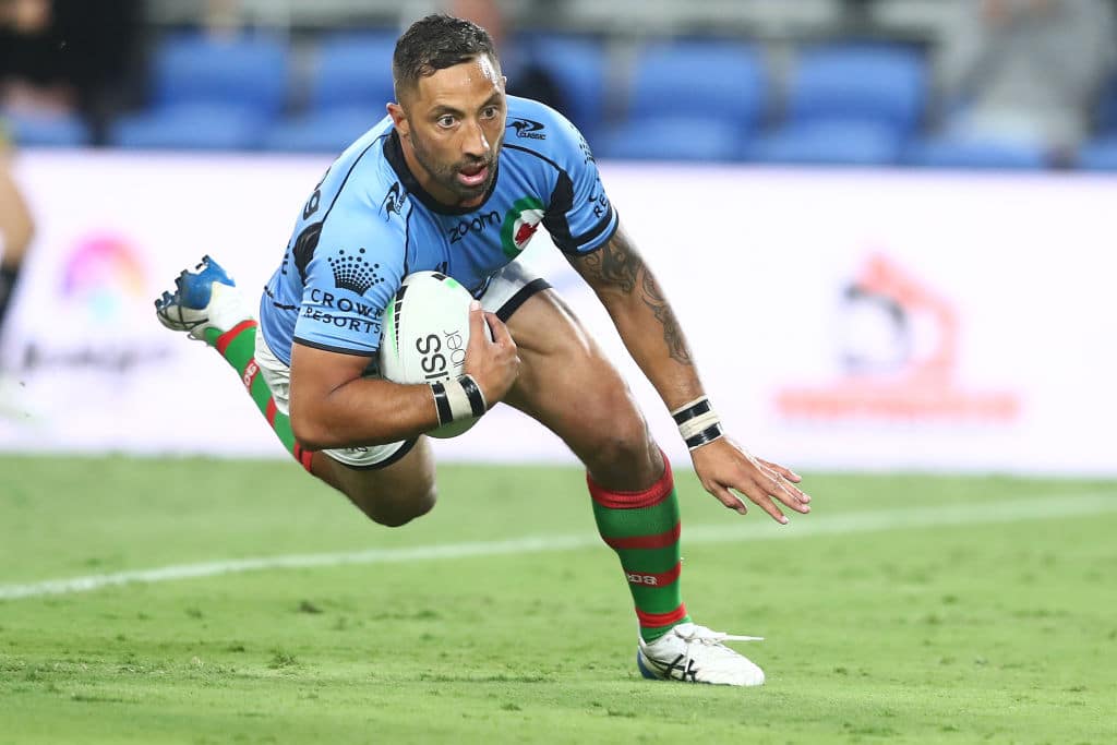 GOLD COAST, AUSTRALIA - APRIL 23: Benji Marshall of the Rabbitohs makes a break to score a try during the round seven NRL match between the Gold Coast Titans and the South Sydney Rabbitohs at Cbus Super Stadium, on April 23, 2021, in Gold Coast, Australia. (Photo by Chris Hyde/Getty Images)