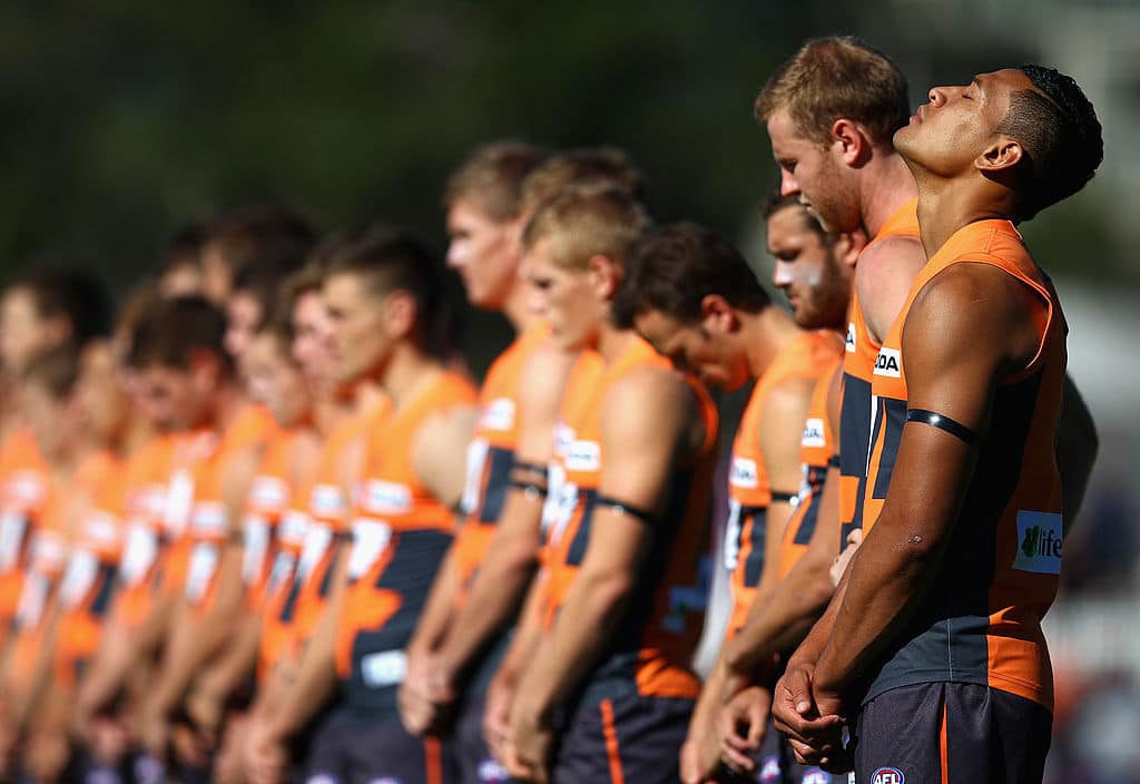 CANBERRA, AUSTRALIA - APRIL 28: Israel Folau of the Giants looks on before the round five AFL match between the Greater Western Sydney Giants and the Western Bulldogs at Manuka Oval on April 28, 2012 in Canberra, Australia. (Photo by Ryan Pierse/Getty Images)