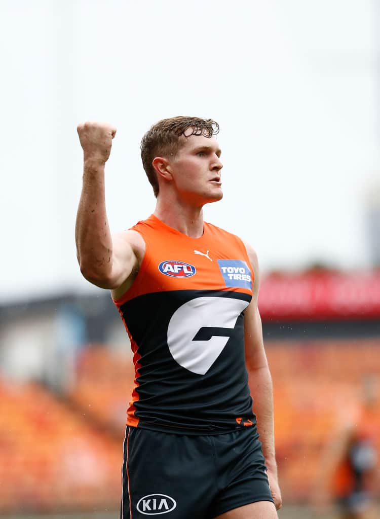 SYDNEY, AUSTRALIA - MARCH 21: Tom Green of the Giants celebrates a goal during the round one AFL match between the GWS Giants and the St Kilda Saints at GIANTS Stadium on March 21, 2021 in Sydney, Australia. (Photo by Ryan Pierse/Getty Images)