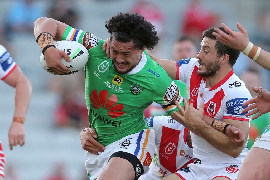WOLLONGONG, AUSTRALIA - SEPTEMBER 12: Corey Harawira-Naera of the Raiders is tackled during the round 18 NRL match between the St George Illawarra Dragons and the Canberra Raiders at WIN Stadium on September 12, 2020 in Wollongong, Australia. (Photo by Matt King/Getty Images)