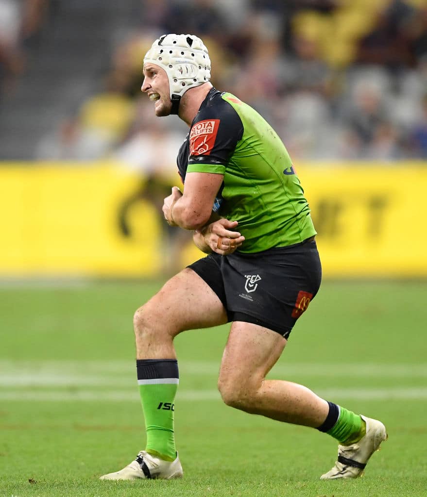 TOWNSVILLE, AUSTRALIA - APRIL 24:  Jarrod Croker of the Raiders  gets up after being injured during the round seven NRL match between the North Queensland Cowboys and the Canberra Raiders at QCB Stadium, on April 24, 2021, in Townsville, Australia. (Photo by Ian Hitchcock/Getty Images)