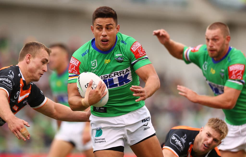 CANBERRA, AUSTRALIA - MARCH 14: Joe Tapine of the Raiders in action during the round one NRL match between the Canberra Raiders and the Wests Tigers at GIO Stadium, on March 14, 2021, in Canberra, Australia. (Photo by Mark Nolan/Getty Images)