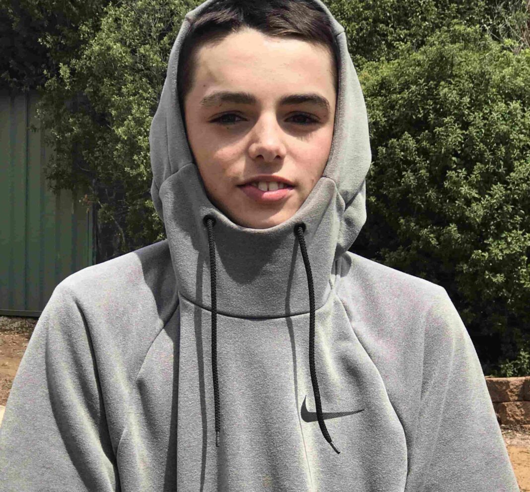 teenage Caucasian boy with dark hair wearing a grey hoodie