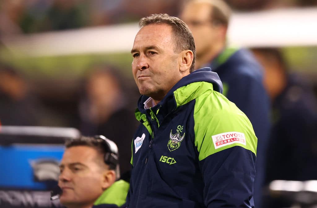 CANBERRA, AUSTRALIA - APRIL 29: Raiders coach Ricky Stuart watches on during the round eight NRL match between the Canberra Raiders and the South Sydney Rabbitohs at GIO Stadium, on April 29, 2021, in Canberra, Australia. (Photo by Mark Nolan/Getty Images)