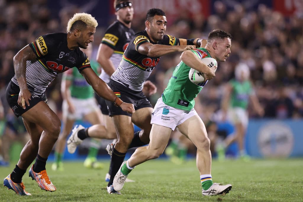 SYDNEY, AUSTRALIA - APRIL 09: Tom Starling of the Raiders is tackled during the round five NRL match between the Penrith Panthers and the Canberra Raiders at BlueBet Stadium on April 09, 2021, in Sydney, Australia. (Photo by Mark Kolbe/Getty Images)