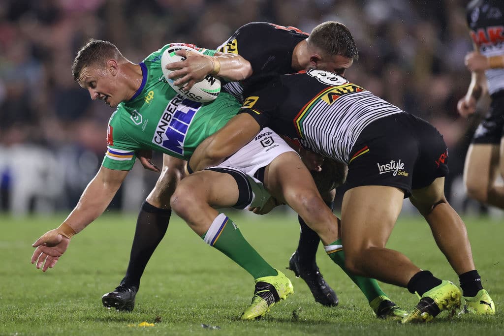 SYDNEY, AUSTRALIA - APRIL 09: Jack Wighton of the Raiders is tackled during the round five NRL match between the Penrith Panthers and the Canberra Raiders at BlueBet Stadium on April 09, 2021, in Sydney, Australia. (Photo by Mark Kolbe/Getty Images)