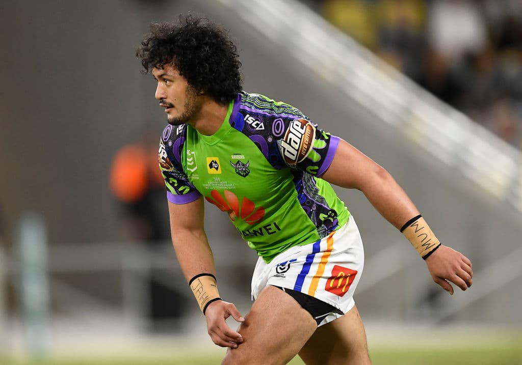 TOWNSVILLE, AUSTRALIA - AUGUST 01: Corey Harawira-Naera of the Raiders looks on during the round 12 NRL match between the North Queensland Cowboys and the Canberra Raiders at QCB Stadium on August 01, 2020 in Townsville, Australia. (Photo by Ian Hitchcock/Getty Images)