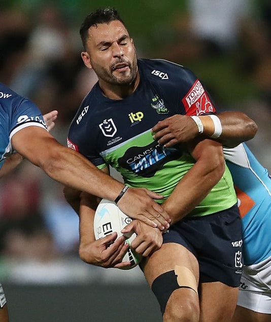 SYDNEY, AUSTRALIA - APRIL 03: Ryan James of the Raiders is tackled during the round four NRL match between the Gold Coast Titans and the Canberra Raiders at Netstrata Jubilee Stadium, on April 03, 2021, in Sydney, Australia. (Photo by Mark Metcalfe/Getty Images)