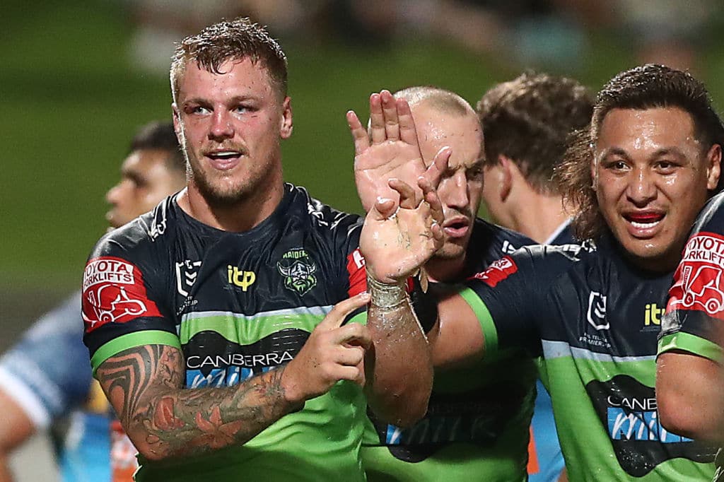 SYDNEY, AUSTRALIA - APRIL 03: Ryan Sutton of the Raiders celebrates scoring a try during the round four NRL match between the Gold Coast Titans and the Canberra Raiders at Netstrata Jubilee Stadium, on April 03, 2021, in Sydney, Australia. (Photo by Mark Metcalfe/Getty Images)