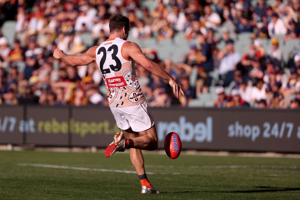 ADELAIDE, AUSTRALIA - MAY 01: Jesse Hogan of the Giants during the 2021 AFL Round 07 match between the Adelaide Crows and the GWS Giants at Adelaide Oval on May 01, 2021 in Adelaide, Australia. (Photo by James Elsby/AFL Photos via Getty Images)