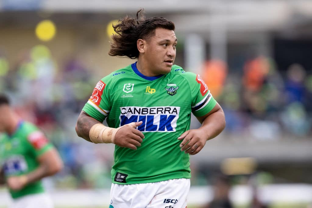 CANBERRA, AUSTRALIA - MARCH 14: Josh Papalii of the Raiders runs during the round 1 NRL match between the Canberra Raiders and Wests Tigers at GIO Stadium on March 14, 2021 in Canberra, Australia. (Photo by Speed Media/Icon Sportswire via Getty Images)