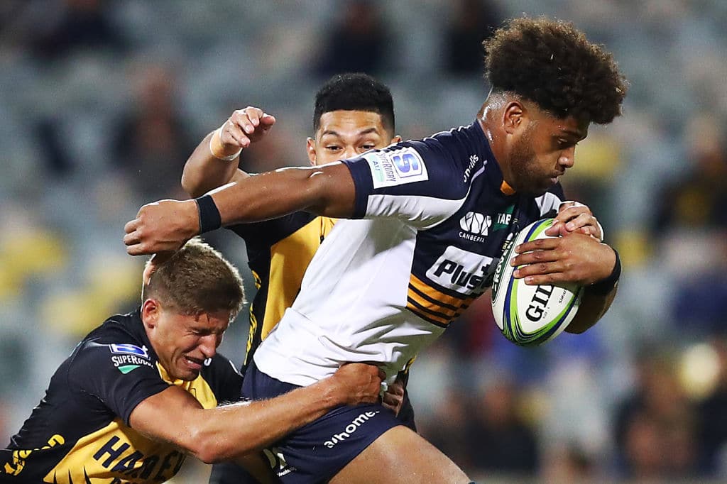 CANBERRA, AUSTRALIA - MAY 01: Rob Valetini of the Brumbies is tackled during the Super RugbyAU Semi Final match between the ACT Brumbies and the Western Force at GIO Stadium, on May 01, 2021, in Canberra, Australia. (Photo by Mark Metcalfe/Getty Images)